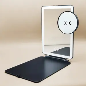 Rechargeable Travel Makeup Mirror,Folding Mirror with LED,  3 Color Lighting, 2000mAh Battery, Portable Lighted Makeup Mirror Black,Magnifying X10 Mirror,2X 3X 10X Magnification,Dimmable Touch Screen, Tabletop LED Folding Cosmetic Vanity Mirror