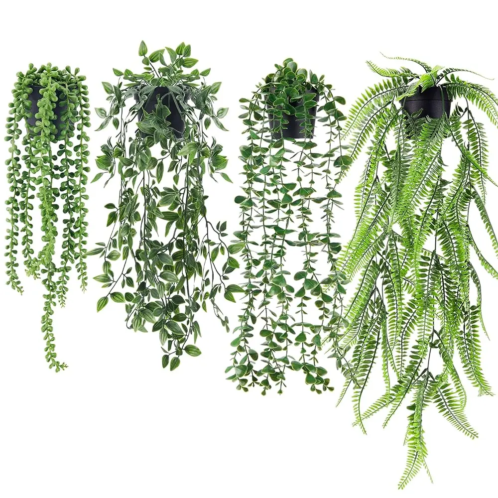 4 Pack Fake Hanging Plants Artificial Decor Faux Potted Greenery Hanging Plants Indoor for Room Home Shelf Outdoor Decor for Summer Porch Patio Planters, New Home Garden Decor & Moving Season, summerwins Deals For You,dorm essentials