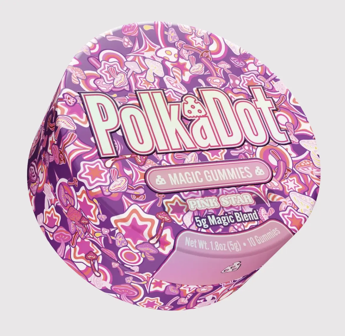 Polkadot Pink Star Gummies, 10 Count, High Potency Plant-Based Mushroom Gummies, Soft Chewy Gummies, 100% Organic Ingredients, High-Quality Formula, Freshness-Sealed, Secure Reusable Metal Tin, Travel-Friendly Packaging, Proudly Made in USA