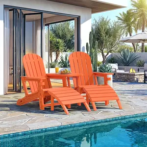 Walsunny Folding Adirondack Chair Set of 5 with Retractable Ottoman Fire Pit Patio Chair with Pull-Out Foot Rest Weather-Resistant Lawn Outdoor Chair with 2 Cup Holders