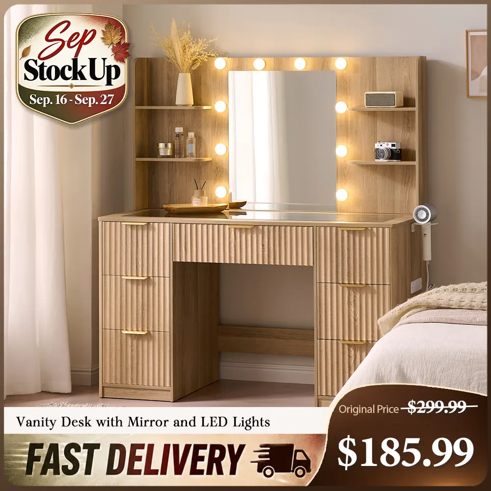 [TiktokShopStockUp] AMERLIFE 36.2/45"/47.2 Fluted Vanity Desk with Mirror and Adjustable LED Lights, Large 4/7 Drawers Makeup Table with Glass Top and Charging Station for Women and Girls, Bedroom or Dorm/Best Gift Ideas/Christmas Gifts