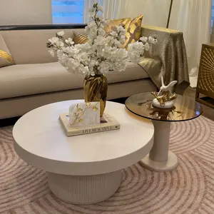 Guyii Creamy White Round Nested Coffee Table Set with Tempered Glass Side Table Modern Design for Living Room 2 in 1 High-Quality Boards 30D x 14.33H