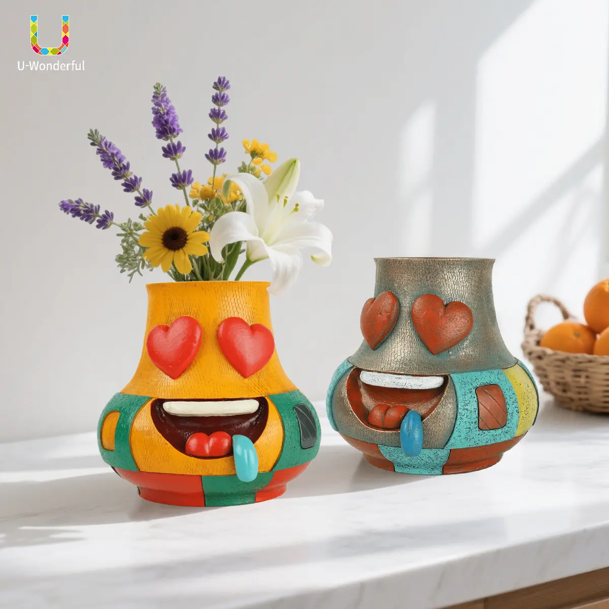 u-wonderful Resin Craft Garden Planter - Playful Face Art (Smiling Heart Eyes, Love Face, Tongue Out), Irregular Shape, Durable Flower Vases, Tabletop Vases, Succulent Holder, Gift-Ready Fun Teen Gift, Home Decor Centerpiece