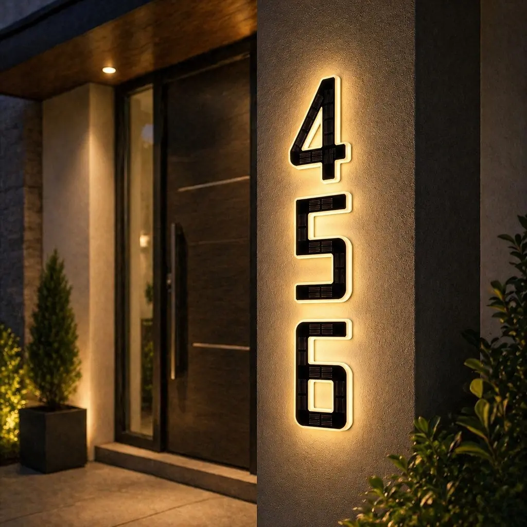 6.7-Inch Solar-Powered LED Warm Backlit House Number Sign, Waterproof Illuminated Address Plaque with Auto On/Off, Modern Outdoor Wall Marker for Home Decor & Exterior Residence Walls signage lamp