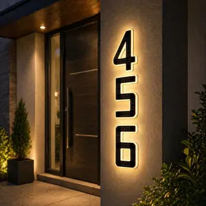 6.7 Inch Solar Lighted House Numbers for Outside, Waterproof LED Backlit Address Signs, Modern Illuminated Exterior Address Number Plaques for Home Yard signage lamp projector Powered