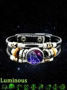 Glow-in-the-Dark Luminous Leather Zodiac Symbolism Bracelet 12 Constellation Horoscope Jewelry for Men Women Adjustable Retro Braided Beaded Couple Bracelet Ideal Gift