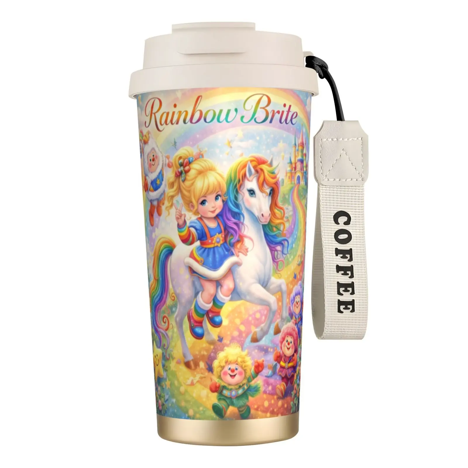Stylish Minimalist 500ml Retro Rainbow Brite Double Wall Stainless Steel Vacuum Insulated Flask - Dual-Drink Thermal Tumbler with Lid, Strap, Portable Durable Design for Park Picnics, Creative Projects, Flasks, Insulation, 316 Ss