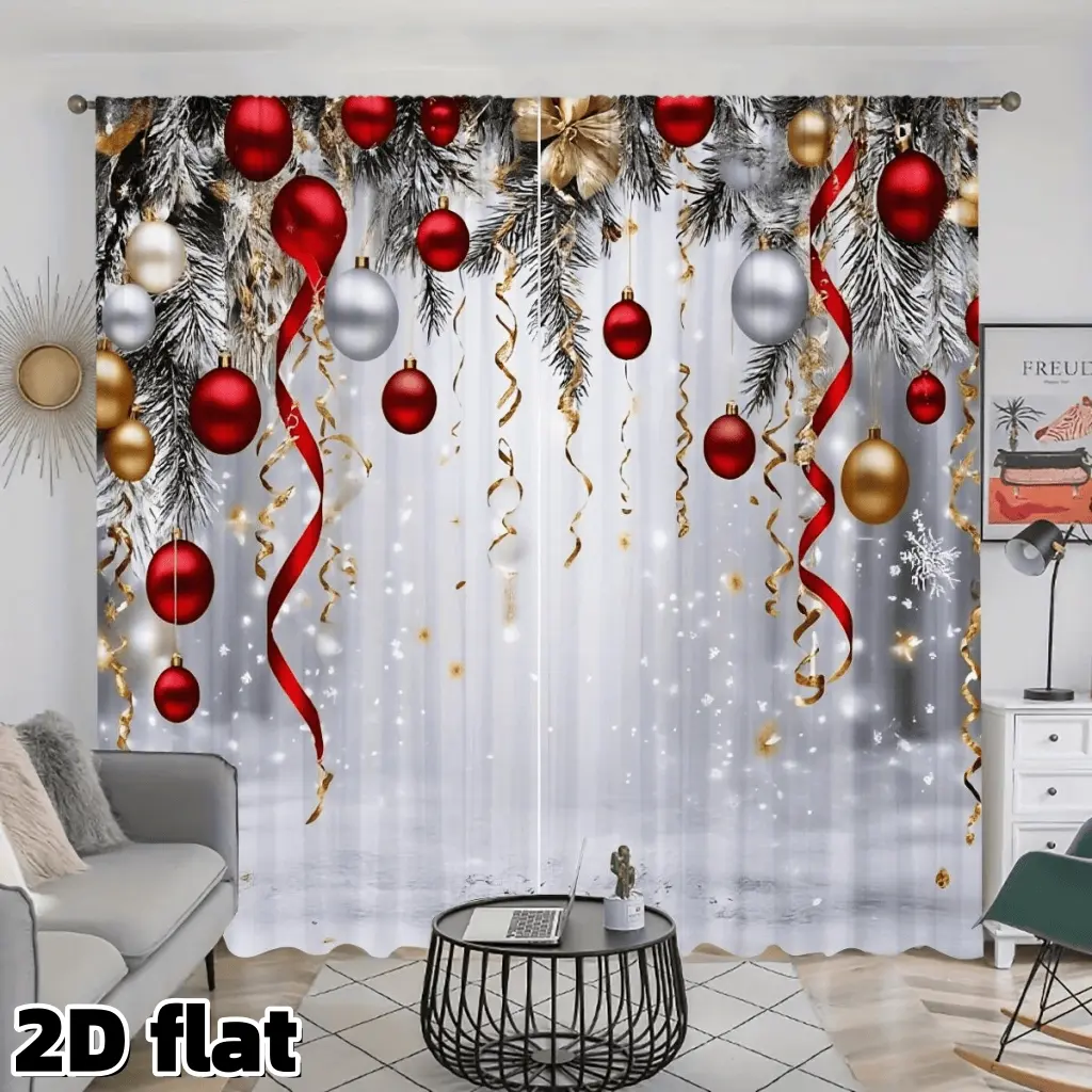 2D Flat 2Pcs Christmas Festive Ornaments Decorations Curtain Panels Red Gold Silver Baubles Pine Branches Ribbon Design Rod Pocket Semi Sheer Polyester Holiday Theme Window Treatment for Living Room Bedroom Home Decor Privacy Protection