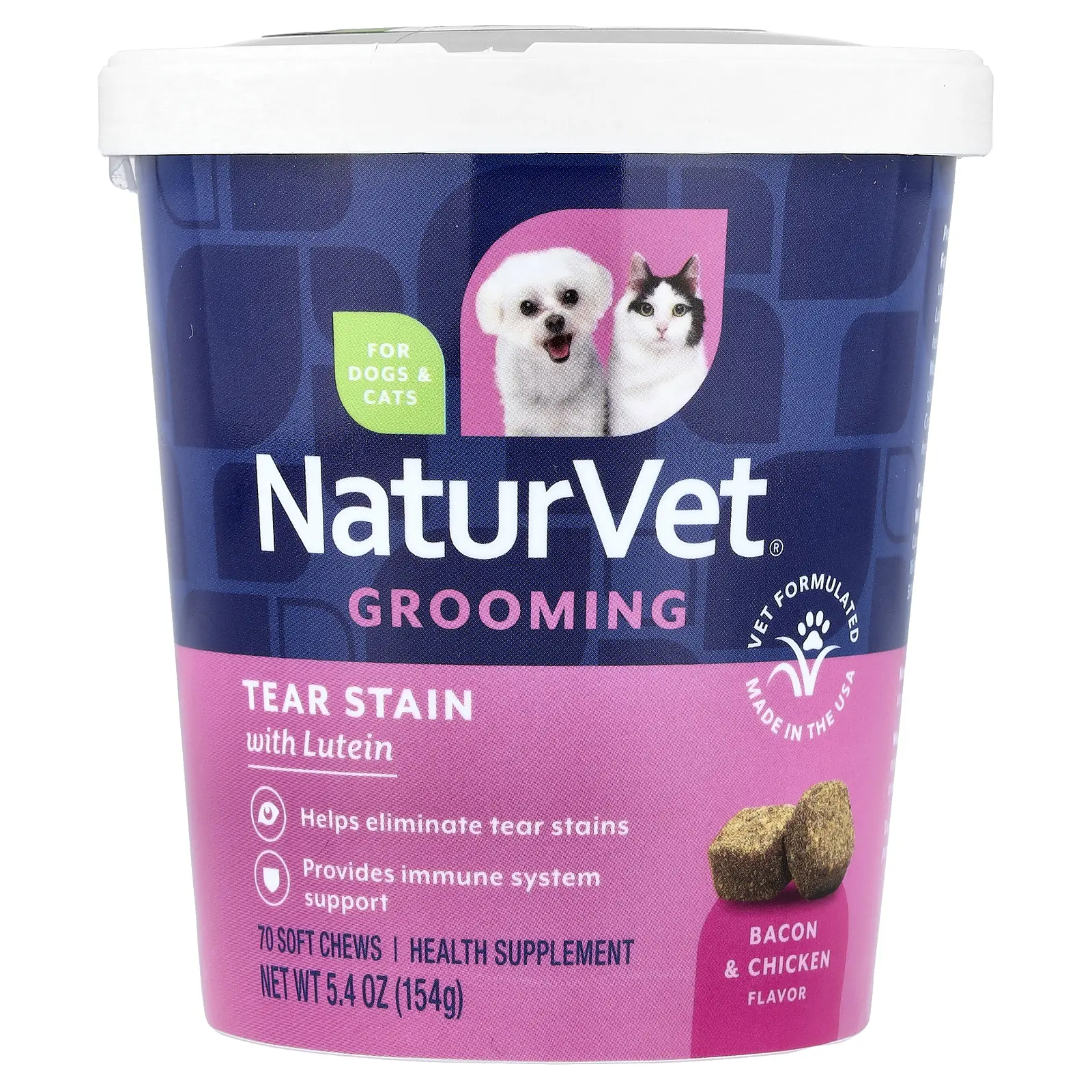 NaturVet Grooming, Tear Stain with Lutein, For Dogs & Cats, Bacon & Chicken, 70 Soft Chews, 5.4 oz (154 g)