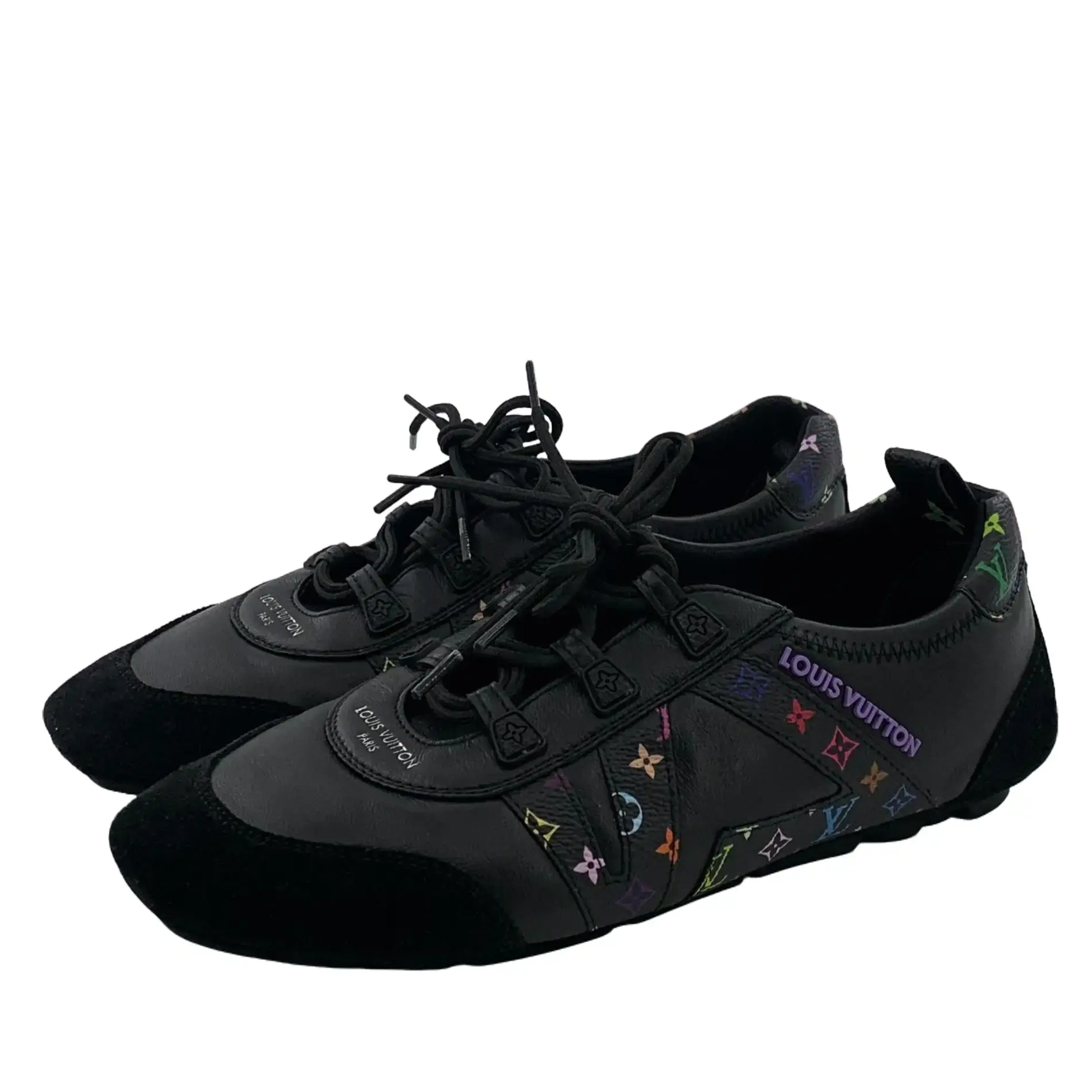 RDLT-Louis Vuitton Size 37 x Takashi Murakami Black Multicolor Monogram Lace-Up Flat Sneakers-H35754