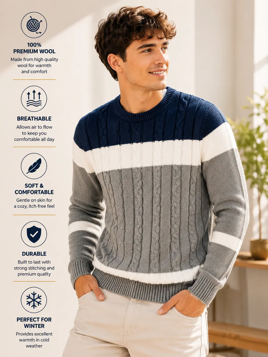Lumin Rose Men's Soft Fitted Grey Colorblock Cable Knit Crewneck Cotton Blend Pullover, Foldable Casual Winter Casual Wear Cardigan
