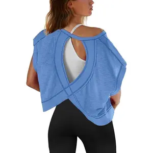 Womens Open Back Workout Tops Backless Short Sleeve Athletic Shirt Running Crop Top Gym Yoga Tee seamless design bike  shorts workout clothes casual sportswear gym set Stretchable Activewear