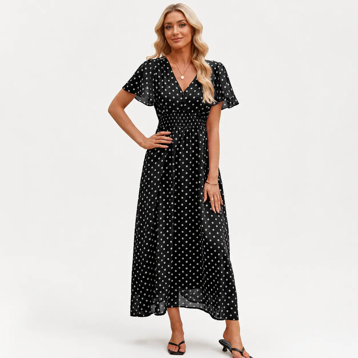 Women's Polka Dot Maxi Dress with Pockets, V-Neck Flutter Sleeve A-Line Summer Dress for Wedding Guests, Brunch, Church and Vacation
