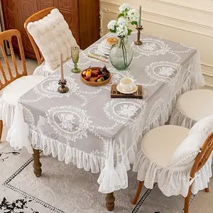 1pc Vintage Lace Tablecloth with Trim, French Style Cutout Table Cover, Decorative Tablecloth for Garden, Patio, Indoor Dining