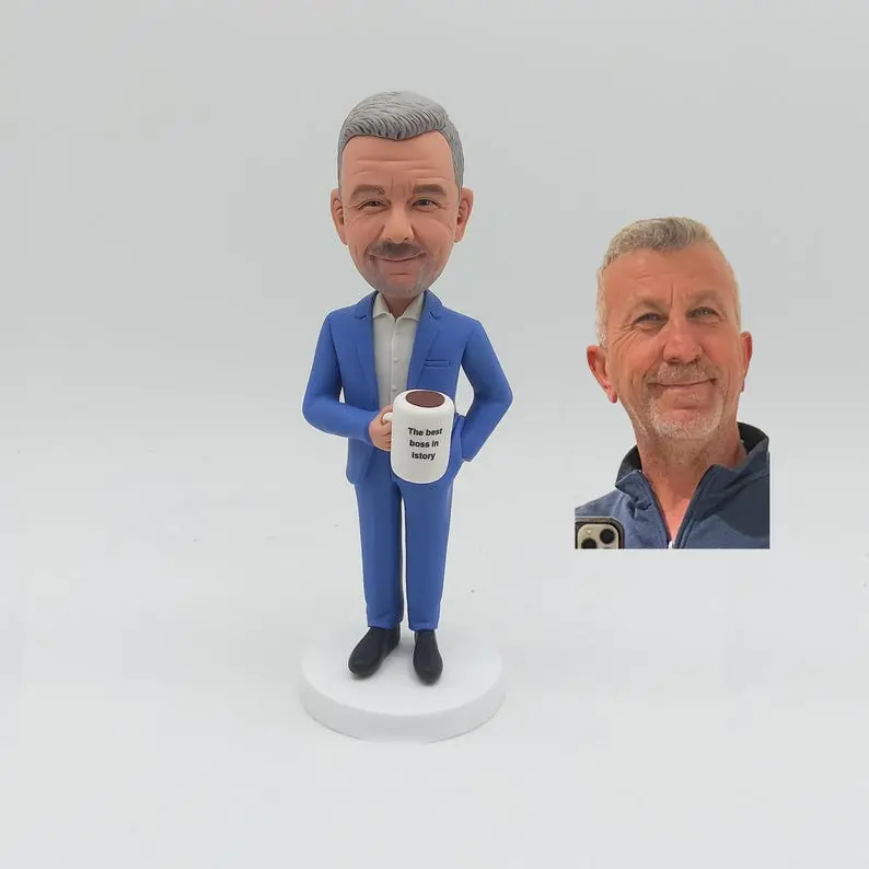 Custom Boss Bobblehead from Photo with Suit and Coffee MugGift for Retirement BirthdayOffice Desk