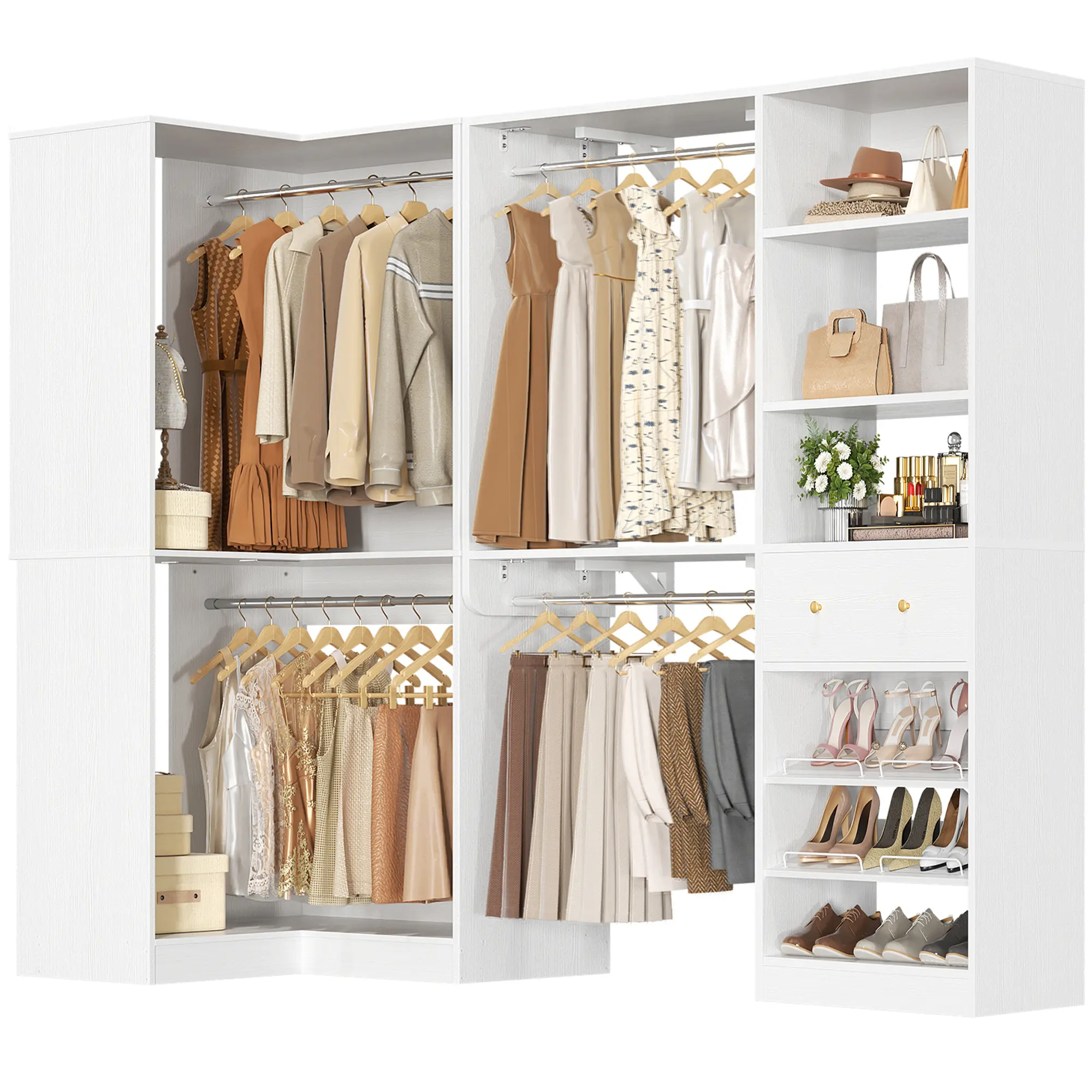 L-Shaped Walk-In Wardrobe Cabinet Set of 2 - Corner Wood Armoire Storage Organizer with 1 Drawer, 9 Shelves, 4 Hanging Rods, 91.3" Size, 1800+ lbs Capacity, Clean Look