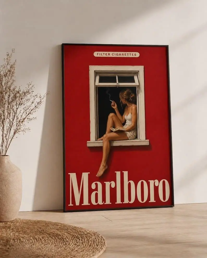 Vintage Marlboro Style Poster Red Wall Art Minimalist Retro Cigarette Ad Print Mid Century Modern Mancave Decor