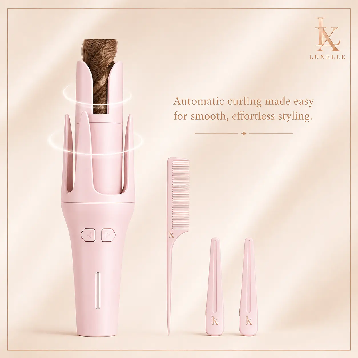 Pink Automatic Hair Curler Set, 32mm Rotating Curling Iron with 4 Temperature Settings, Rapid Heating, Anti-Scald Guard, Auto Shut-Off, Tail Comb & 2 Hair Clips