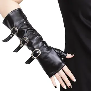 Women Half Palm Fingerless PU Leather Night Bar Band up Punk Gloves