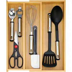 Large  Silverware Drawer Organizer Tray Kitchen Tool Drawer Divider Organizers Storage Expandable Cooking Utensil Organizer Wooden Cutlery Tray Spoon Flatware Organizers Utensil Holder Drawers
