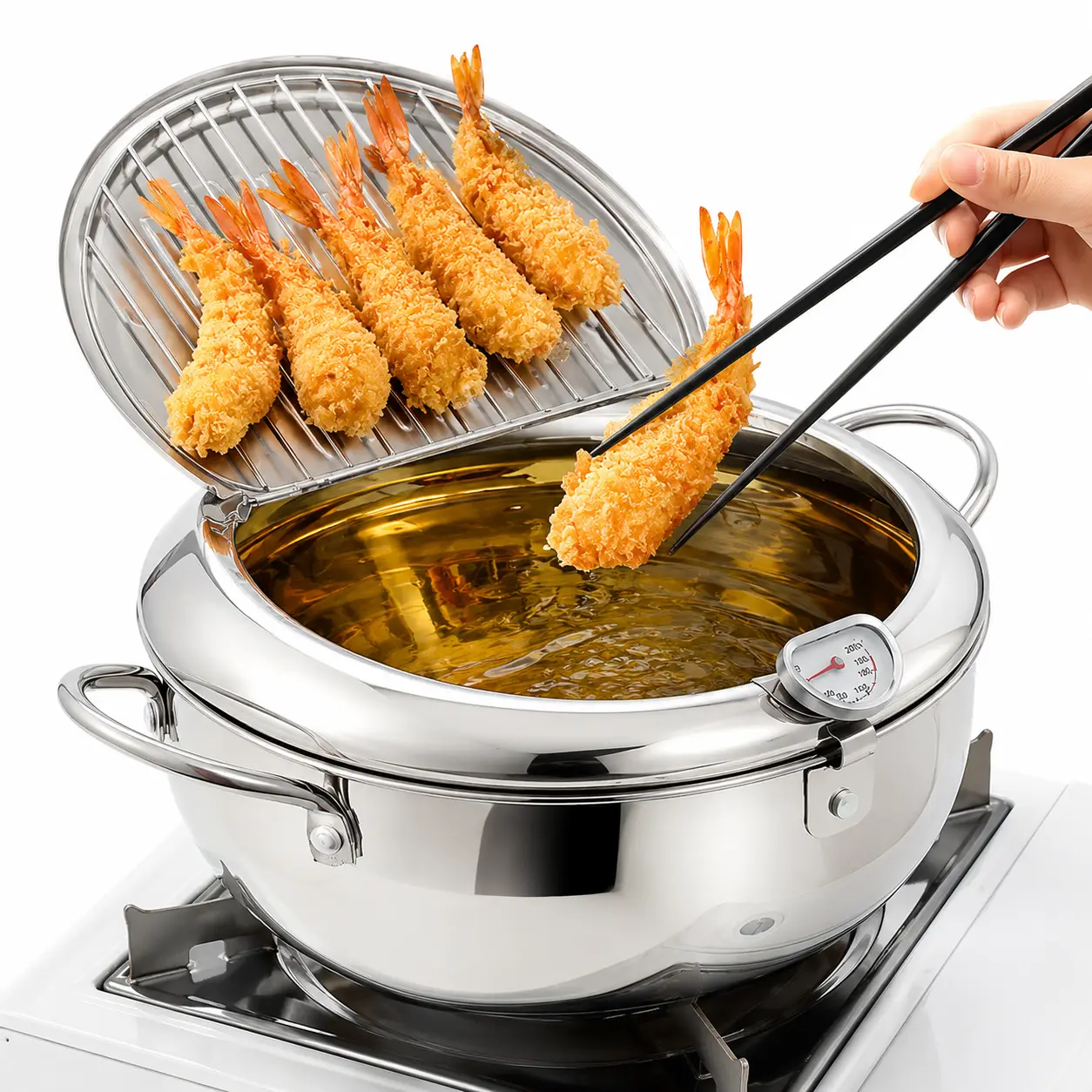 304 Grade Solid Metal Deep Fryer Pot - Japanese Style, Everyday Cook Tool with Temp Gauge, Oil Drainage Rack, Temp Control, Induction & Gas Stove Safe, Multi-Size Option for French Fries, Chicken Wings