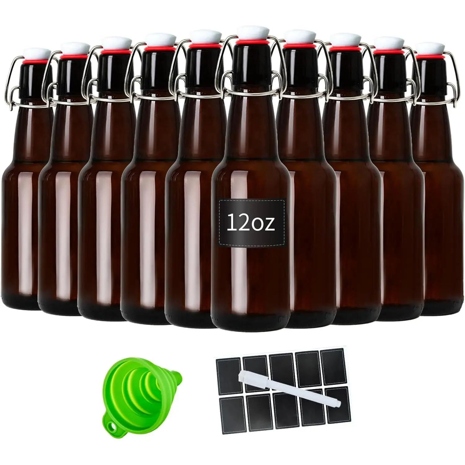 12oz  glass bottle with Airtight Stopper  (10 Pack) -Swing Top Glass Bottles-Flip Top Brewing Bottle for Fermentation, Kombucha, , Vinegar, , Kefir, ,Soda,