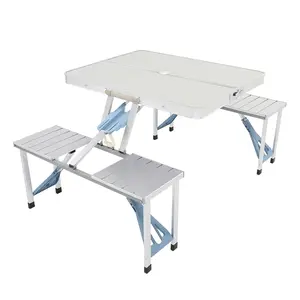 One Piece Folding Table and Chair Aluminum Alloy Silver Portable Lightweight 53.15x32.68x26.57 Inches for Camping Picnics Durable One-Piece Design with Stool