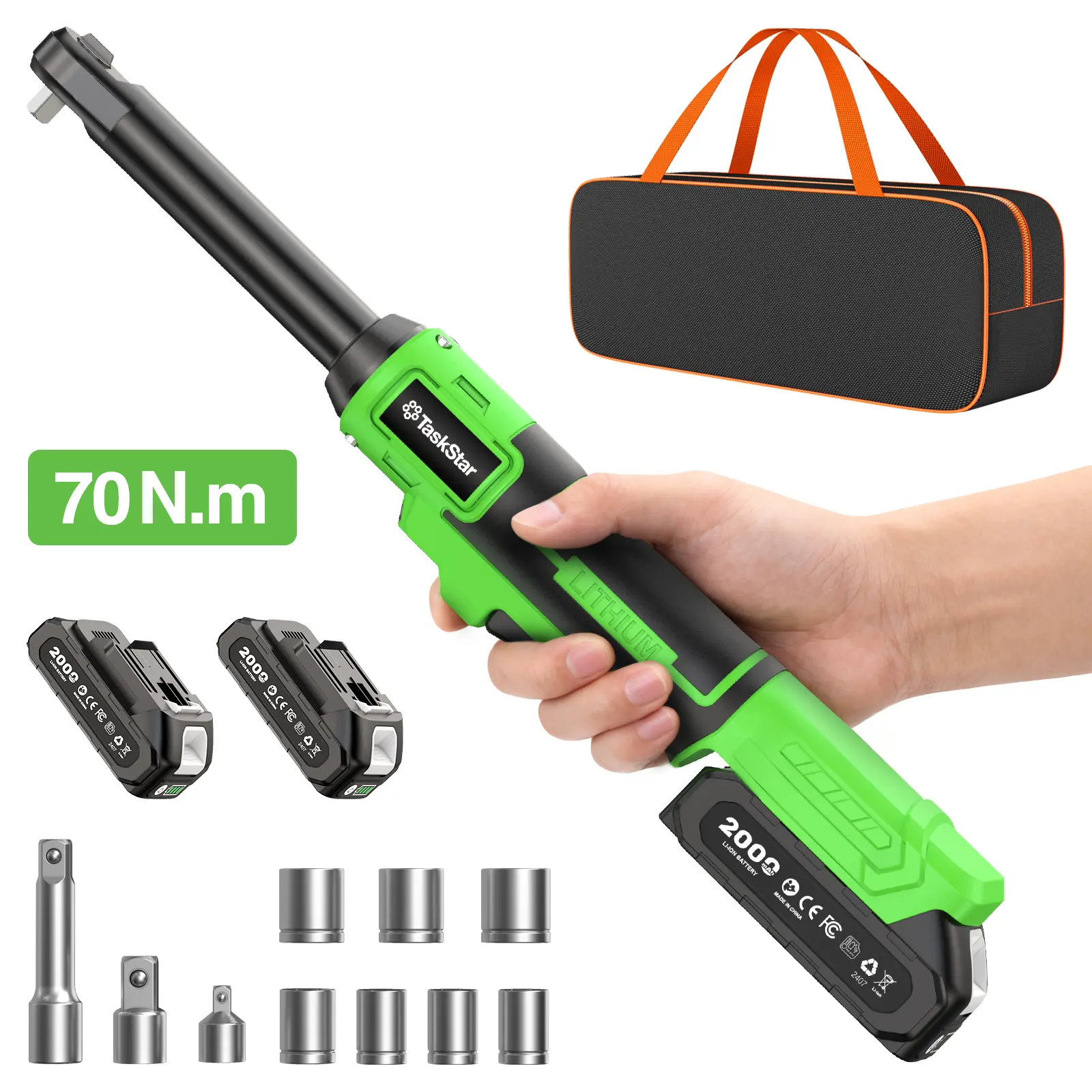 Taskstar 3/8" Drive 21V Electric Cordless Ratchet Wrench Set, Dual 2.0A Batteries, 51.6Ft Lbs, Max 320RPM Variable Speed Trigger, LED Work Light, 8 Sockets, Extension Rods, Adapters, Ideal For Automotive And Mechanical Work, Christmas Gift For Man