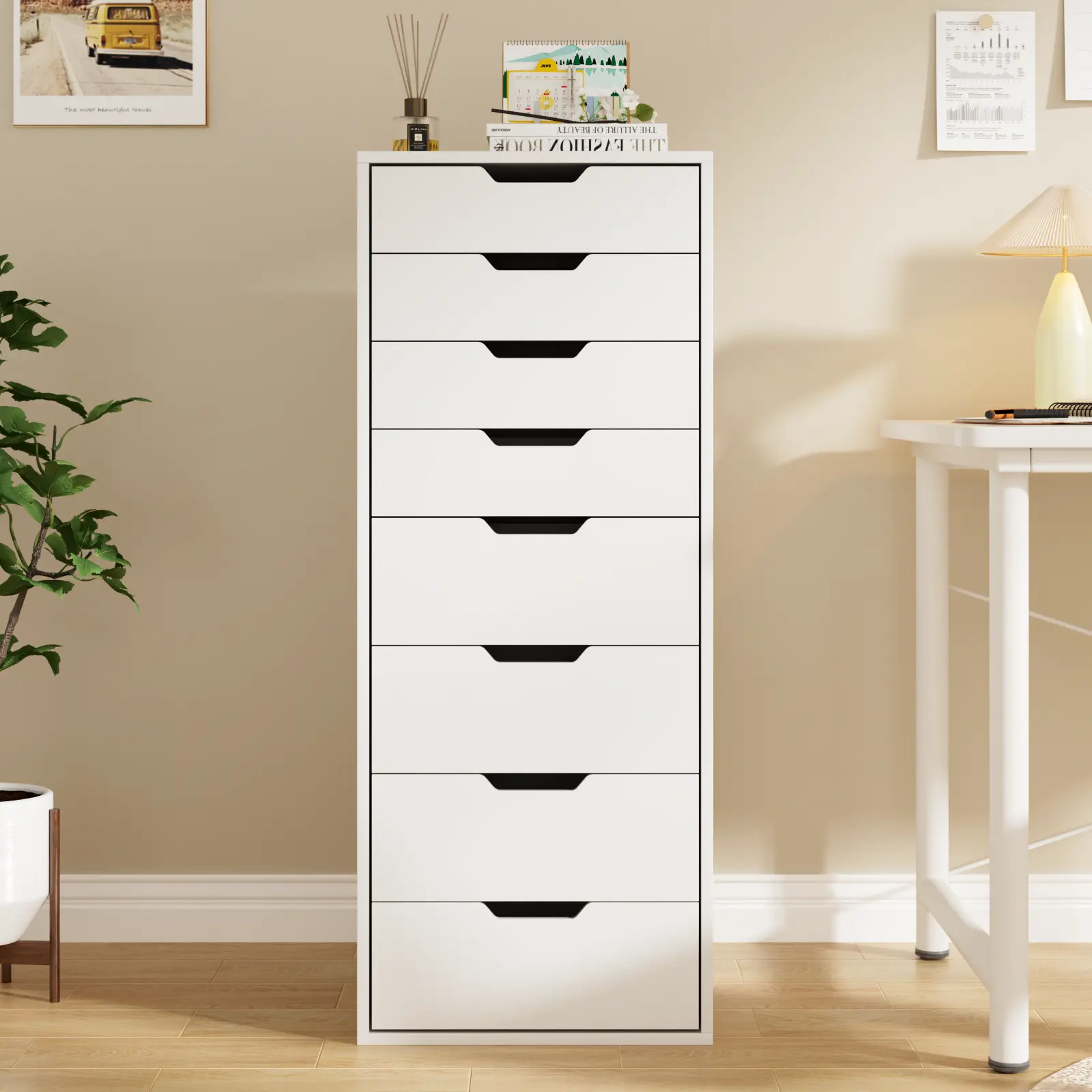 VOWNER 8 Drawer Makeup Storage Cabinet, Tall Vanity Organizer with Large Capacity Drawers for Cosmetics, Skincare, Jewelry, Beauty Supplies, Bedroom, Bathroom, White