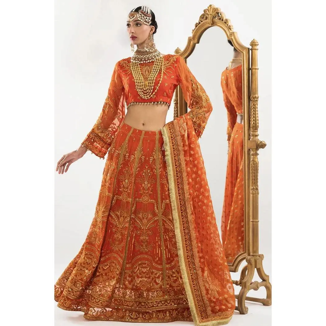 3-Piece Embroidered Lehenga Dress with Cotton Net Blouse, Pearl Embellishments, and a Fancy Organza Dupatta, Clothes, Fabric, Shirt, Sleeves, Women