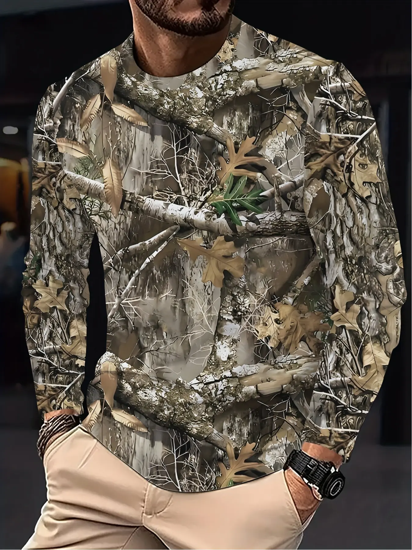 Men's long-sleeve T-shirt, 3D camouflage hunting printed T-shirt, men's fashionable fitness top, outdoor top, camouflage clothing, new style, Camo Streetwear