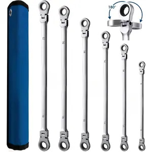 6 Pcs Extra Long Flex Head Ratcheting Wrench Set, Metric Long Wrench 8mm - 19mm, 72-Tooth Double Box End Wrenches, Chrome Vanadium Steel with Mirror Polish Finish, Rolling Pouch