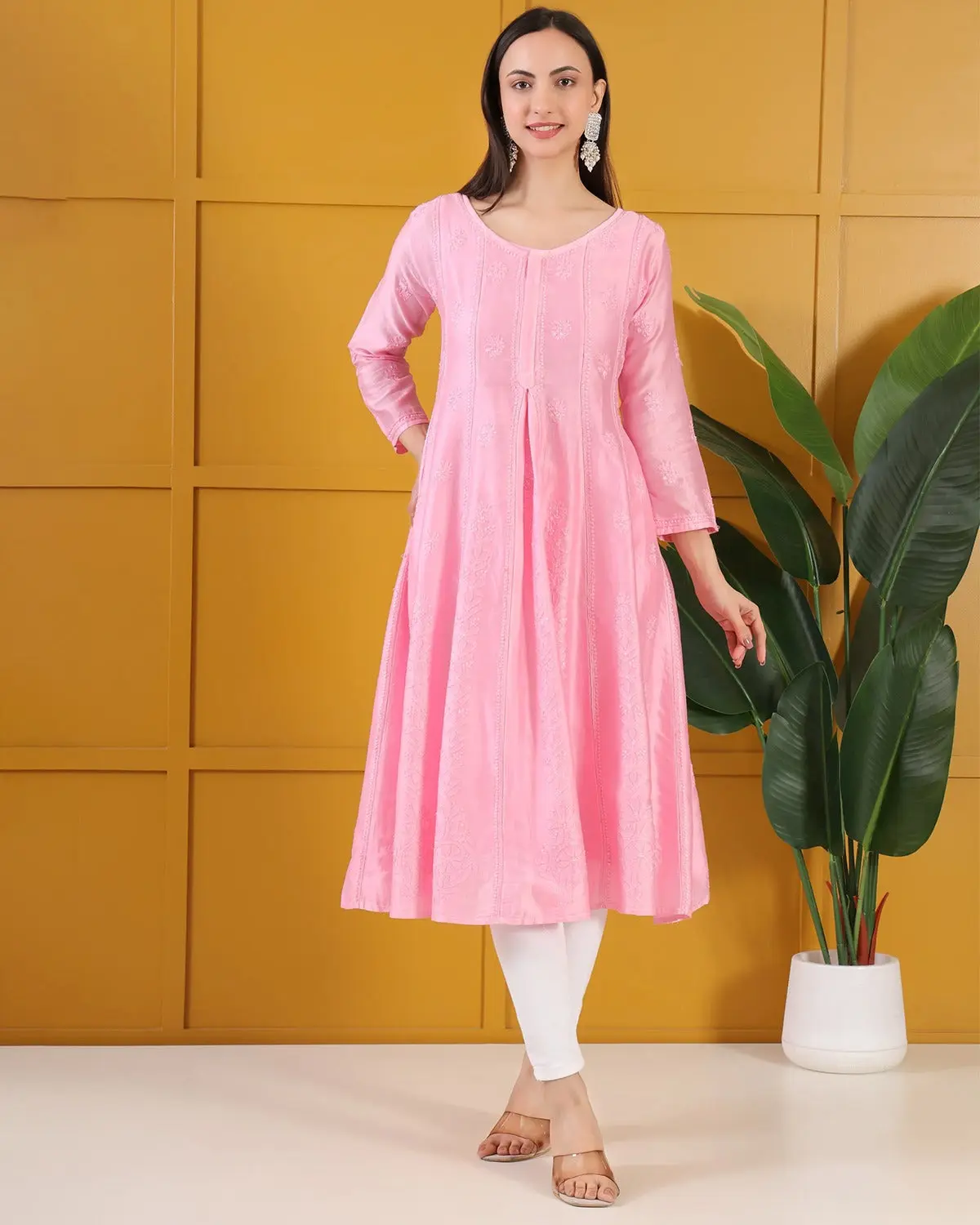 Noor Chanderi Pink Chikankari Anarkali