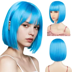 Bob Wig with Flat Bangs Include Wig Cap 12 Inch  Blue Short Hair Wig Synthetic Fiber Adjustable Size for Women  Halloween Costume Party Colorful Wigs