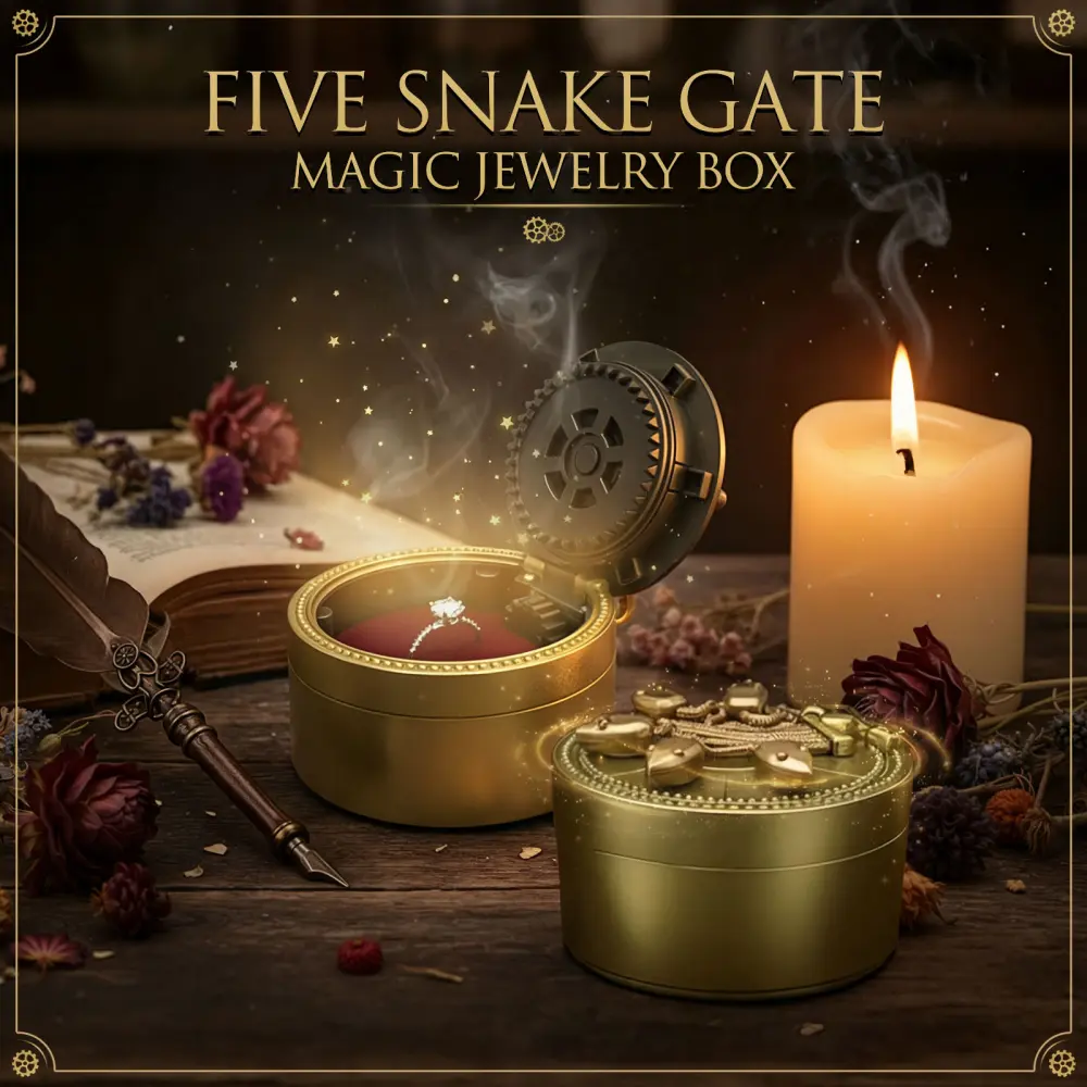 Vintage 5-Serpent Gate Magic Alloy Storage Box - Compact Round Fantasy Jewelry Organizer, Interactive Mechanical Serpent Lock, Included Demo Ring, Home Decor for Bedroom Collectors, Ring Holder