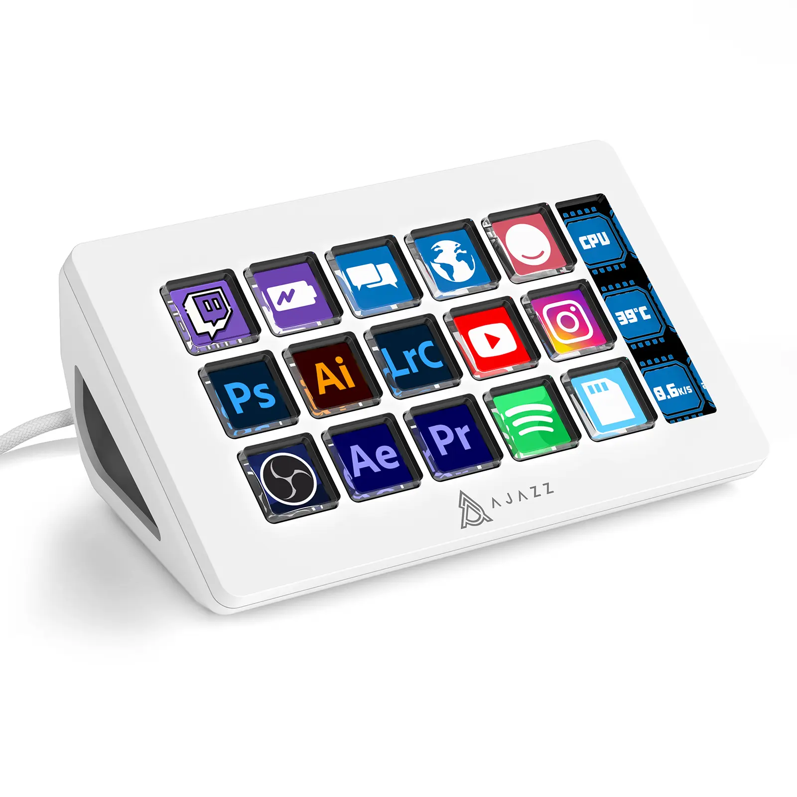 White AKP153 Customizable Streaming Studio Macro Control Keypad - Type-C Wired, 15 LCD Keys, 1 Side Screen, Ergonomic Design, Compact Size, Light Weight, Anti-Slip, Detachable Stand, for Win/MAC OBS App Multitasking (Computer & Office Accessory)