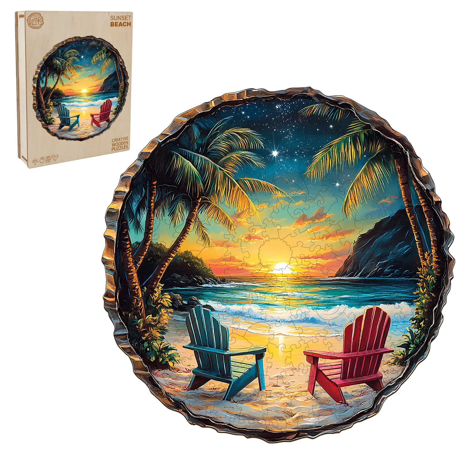 Sunset Beach Wooden Jigsaw Puzzle for Adults and Kids Unique Shape Animal Wood Puzzles Challenging Puzzle, Family Game Creative Gifts，Laser-Cut Durable HDF Wood Puzzle Colorful Round