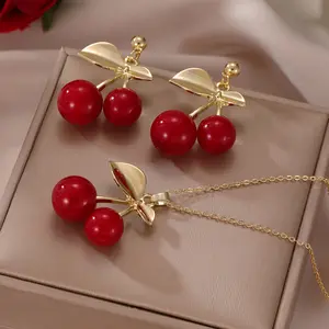 Cherry Shaped Earrings and Necklace Set for Women Fashionable Minimalist Jewelry Gift Ideal for Daily Wear Office Casual Outfits Spring Summer Fall Winter Stylish Matching Accessories