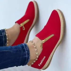 Women's Lightweight Slip-On Casual Shoes - Anti-Slip Rubber Sole, Vibrant Red Synthetic Cover Upper with Golden Accents, Low-Top All-Season Comfort for Running & Casual Attire