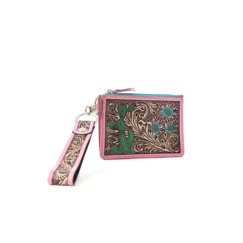 Women's Western Wallet, Tooled Genuine Leather with a Hand-Painted Cactus Flower Pattern, Card Holder with Multiple Card Slots and a Removable Wristlet Strap, Card Slots Wallet, Wallets Women