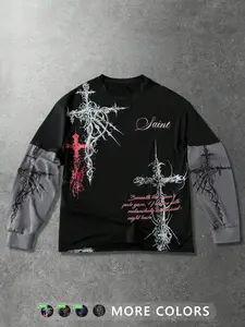 Unisex Gothic Style Long Sleeve Fitted T-Shirt with Rune and Cross Print, Ideal for Streetwear and Hip Hop Culture, Perfect Couple