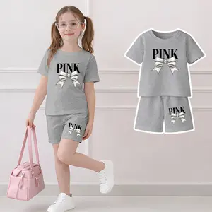 Girls' Pink Short-Sleeved T-Shirt And Shorts Set With Butterfly Print, Casual Children's Summer Clothing, Comfortable Round-Neck Outfit, Suitable For Everyday Wear And Outdoor Activities.