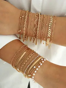 Fashion Simple Women's Bracelet Set, Geometric Fishbone Chain Bracelets, Elegance Hand Jewelry, 22 Piece Set, Stylish Accessory, Stackable Bracelet, Stacking Bracelet