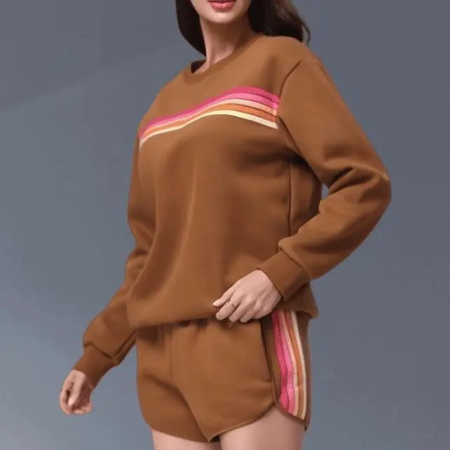 Rainbow Distressed Striped Set | Washed Effect Brushed Texture | Dark Tone Striped Set | Vertical Lines High-Waist Shorts cozy womenswear casual 2-piece sweatsuit sweat lounge comfortable fashion daily comfort pocket clothes stylish overall strip accent C