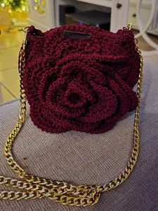Burgundy Flower Crochet Handmade Bag with Floral Design and Gold Chain Strap