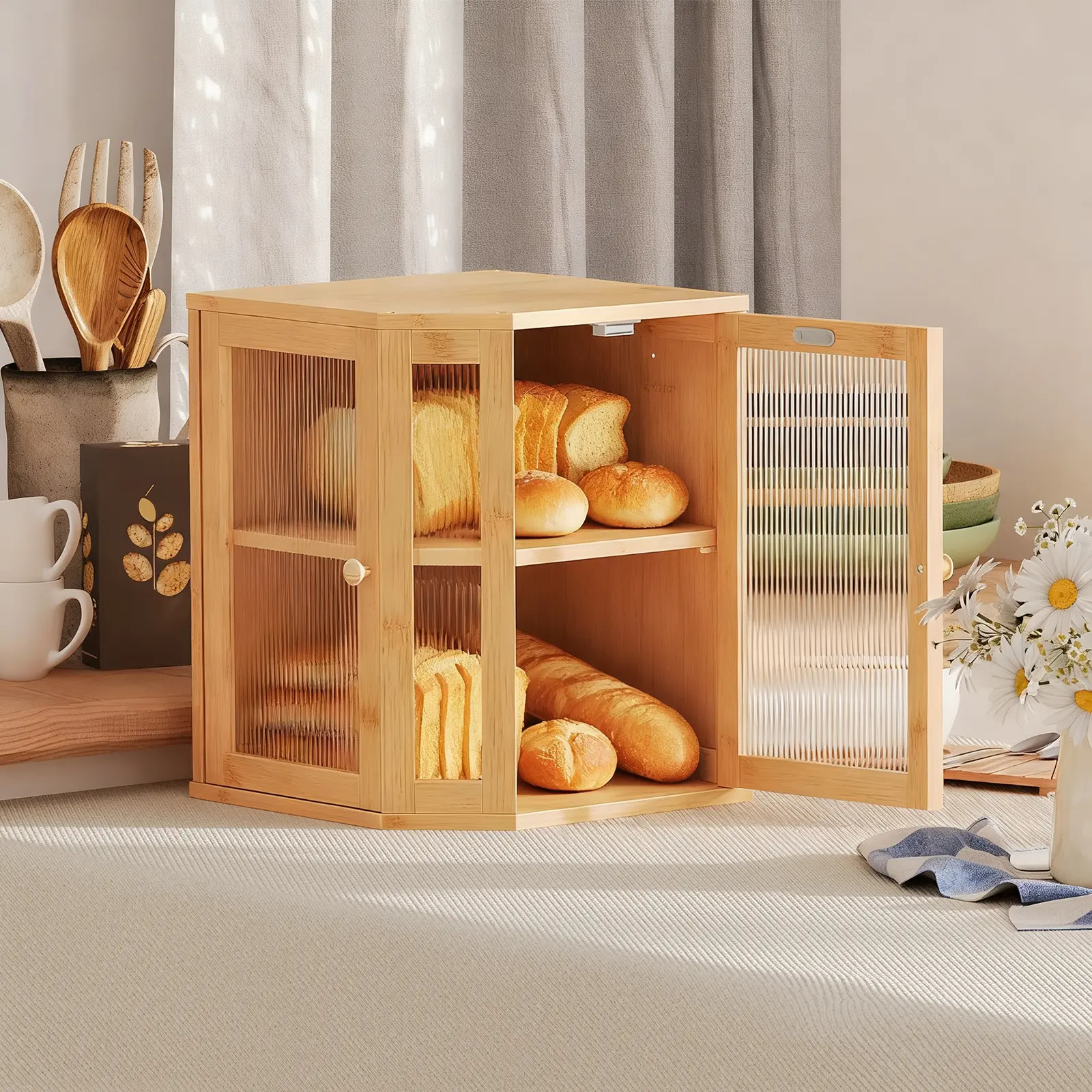 HOOBRO 2-Tier Bamboo Bread Box Kitchen Countertop Corner, Large Capacity Storage Container with Dual Rippled Acrylic Doors for Fresh Bread & Food Utensils #SummerVibes