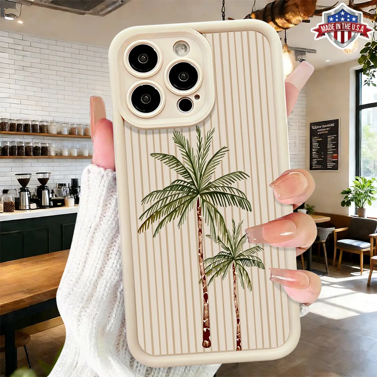 Minimalist Tropical Palm Tree Stripe Pattern Aesthetic Design Case for iPhone 17 16 15 14 Pro Max 13 12 11 XR XS Plus Air Slim Shockproof Anti Drop Protective TPU Cover