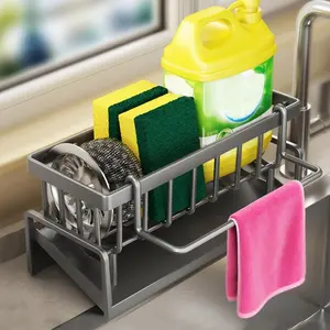 Heavy-Duty Carbon Steel Kitchen Sink Organizer with Self-Draining Rack & Sink-Mounted Sponge Holder - Space-Saving Multipurpose Countertop Storage Shelf for Dish Soap, Brushes, Rags & Dishcloths, Compact Sink Caddy Tray for Small Kitchens & Small Sink