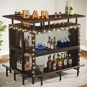 LITTLE TREE Home Bar Unit, L-Shaped Bar Table with Stemware Racks and 2-Tier Shelves, Corner Mini Coffee Liquor Cabinet with Footrest for Home/Kitchen/Pub
