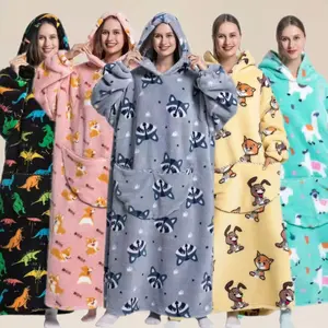Autumn Winter Corgi Print Cute Elegant Casual Home Long Blanket Oversized Lazy Suit, Hooded Pocket, Soft Comfortable, Animal Blankets